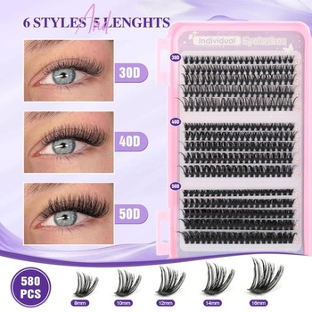 Súprava na predlžovanie rias Sixstarhair s lepidlom a odstraňovačom, pinzeta 580 ks 580 ks 30D + 40D +