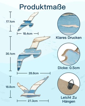 Putuo Decor 3dielna sada nástenných dekorácií s čajkou, drevená nástenná dekorácia s morským vtákom,