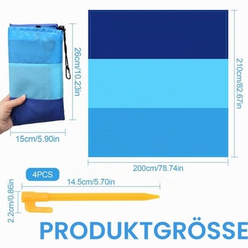 Plážová deka bez piesku 210 x 200 cm, vodotesná plážová podložka s upevňovacími kolíkmi a taškou,