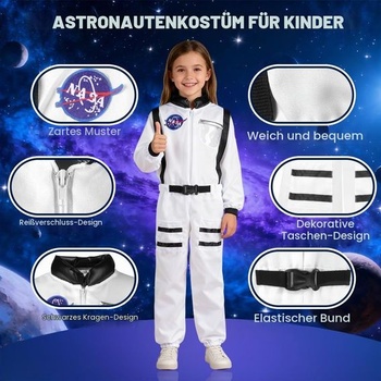 Detský kostým astronauta, biely, unisexový overal astronauta s vreckami, kostým bieleho vesmíru,