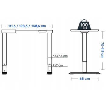 Výškovo nastaviteľný stôl E1B-PRO-EUV3, 70 - 119 CM, bez dosky, čierny - N