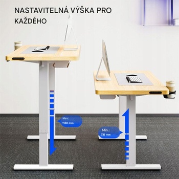 Výškovo nastaviteľný stôl QE1M-1460-EUV1, 140 x 60 cm, biela/prírodné drevo - N