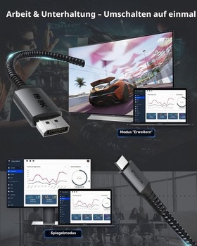 Kábel Stúti USB-C DisplayPort 1.4 8K @ 60Hz 4K @ 144Hz / 120Hz 5K @ 60Hz 2K @ 240Hz Thunderbolt 3 na
