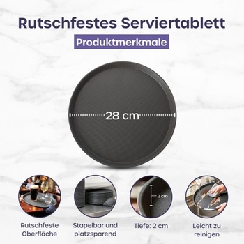 Volila Černý kulatý tác - 45 cm (2 ks) Pogumovaný protiskluzový servírovací tác na jídlo a pití -