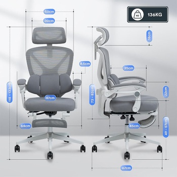 Ergonomická kancelárska stolička OC4WG, sklápanie 135 °, šedo / biela - N