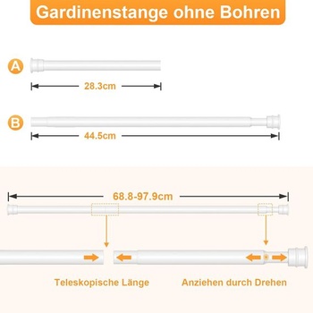 Teleskopická tyč na záclony s upínacím mechanizmom 70-105 cm Ø 14 mm, biela, 2 kusy | Nerezová tyč