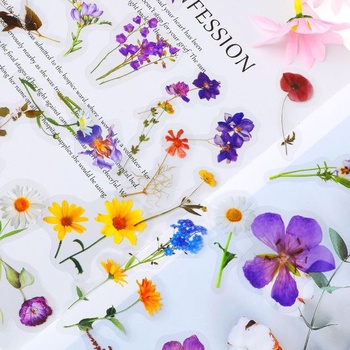 120 priehľadných scrapbookových samolepiek, samolepky s kvetinami z PET fólie, samolepky s