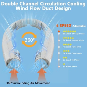 Ventilátor na krk, 6 rýchlostí, prenosný ventilátor na krk, 6000 mAh (6–20 hodín), dobíjací