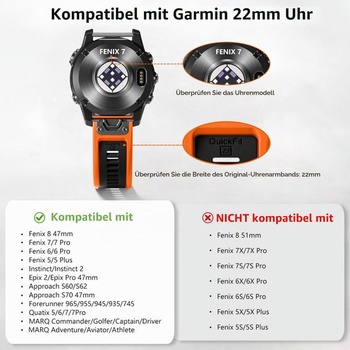 QuickFit kompatibilní s Garmin Fenix 9/8 47mm řemínkem/Fenix 7/6/5/E oranžovo-černý 22mm