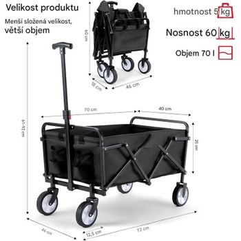 Skladací prepravný vozík YL-45, objem 70 litrov, nosnosť 60 kg, čierny - N