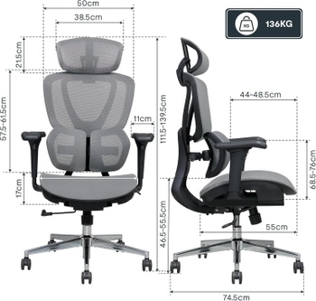 Ergonomická kancelárska stolička C5G-air, 3D opierka hlavy, šedá - N