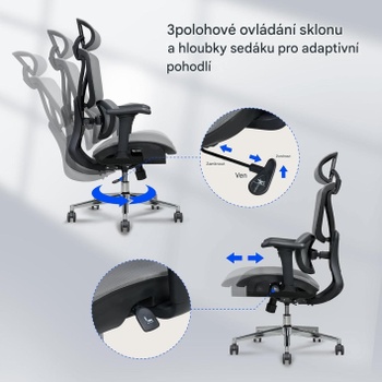 Ergonomická kancelárska stolička C5G-air, 3D opierka hlavy, šedá - N