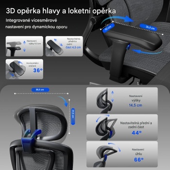 Ergonomická kancelárska stolička C5G-air, 3D opierka hlavy, šedá - N