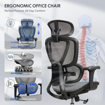 Ergonomická kancelárska stolička C5G-air, 3D opierka hlavy, šedá - N