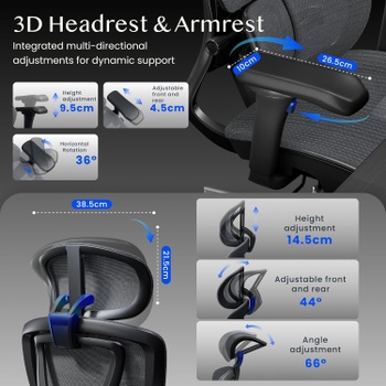 Ergonomická kancelárska stolička C5G-air, 3D opierka hlavy, šedá - N