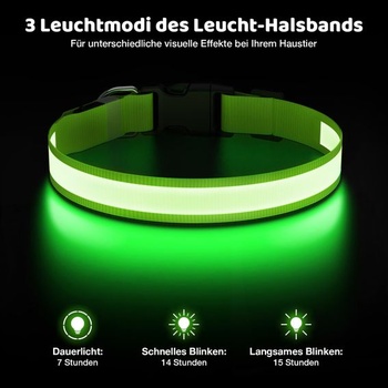 Svietiaci obojok pre psov, LED obojok, dobíjací cez USB-C, vodeodolný, zelený, veľkosť M