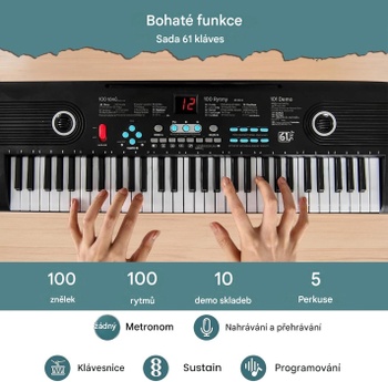 Elektrické klávesové piano s duálnym napájaním B0FD73SHNM, 61klávesové, 100 rytmov a tónov, čierne - N