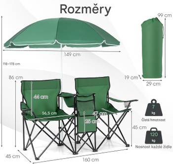 2dielne kempingové stoličky so slnečníkom RS03954, 161 x 55 x 85 cm, zelená - N