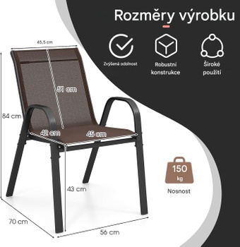 Sada 4 záhradných stoličiek QS44829FR, stohovateľné, s oceľovým rámom, hnedé - N