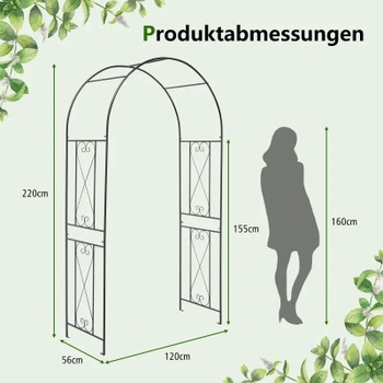Kovový záhradný oblúk so 4 zemnými kolíkmi NP11084DK, 220 x 120 x 56 cm, čierny - N