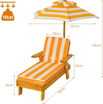 Detské lehátko so slnečníkom a vankúšom XY69720DE, s nosnosťou do 50 kg, 92 x 49 x 106 cm, bielo/ora