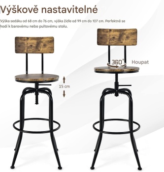 Sada 2 industriálnych barových stoličiek GYM09631, výškovo nastaviteľné, otočné, čierno/hnedé - N