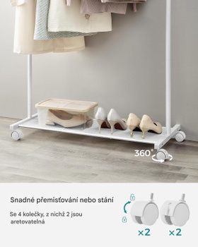 Vešiak na oblečenie s kolieskami HSR025W01V1, nosnosť 40 kg, oceľový rám, biely - N