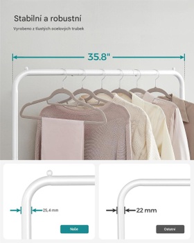 Vešiak na oblečenie s kolieskami HSR025W01V1, nosnosť 40 kg, oceľový rám, biely - N