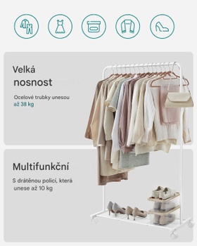 Vešiak na oblečenie s kolieskami HSR025W01V1, nosnosť 40 kg, oceľový rám, biely - N
