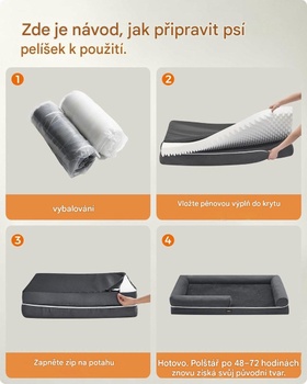 Ortopedický pelech pre psov PGW079G01V1, snímateľný a prateľný poťah, 135 x 107 x 23 cm, tmavo šedý