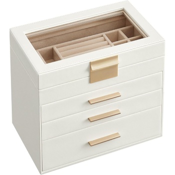 4poschodová šperkovnica JBC161W01, sklenené veko, 3 zásuvky, 15,2 x 25,2 x 21,5 cm, bielo/zlatá - N