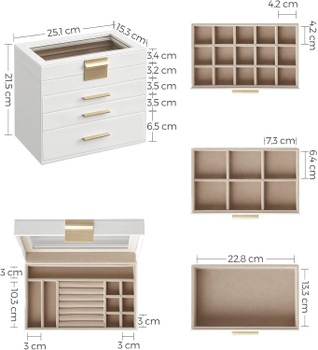 4poschodová šperkovnica JBC161W01, sklenené veko, 3 zásuvky, 15,2 x 25,2 x 21,5 cm, bielo/zlatá - N