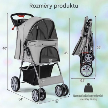 Skladací kočík pre domácich miláčikov GYM14828, do 15 kg, šedý - N