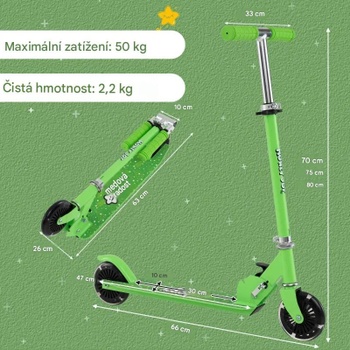 Detská kolobežka s LED kolieskami, s 3 nastaviteľnými výškami, nosnosť do 50 kg, zelená - N
