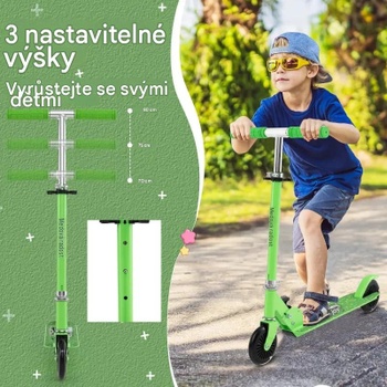 Detská kolobežka s LED kolieskami, s 3 nastaviteľnými výškami, nosnosť do 50 kg, zelená - N