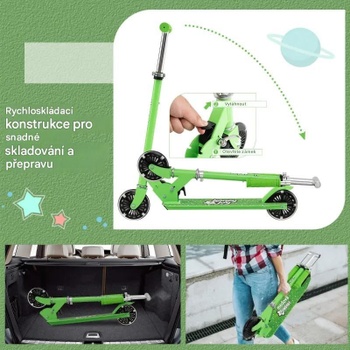 Detská kolobežka s LED kolieskami, s 3 nastaviteľnými výškami, nosnosť do 50 kg, zelená - N