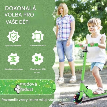 Detská kolobežka s LED kolieskami, s 3 nastaviteľnými výškami, nosnosť do 50 kg, zelená - N
