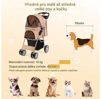 Skladací kočík pre domácich miláčikov PW10039BE, s úložným košom a nastaviteľnou strieškou, béžový - N