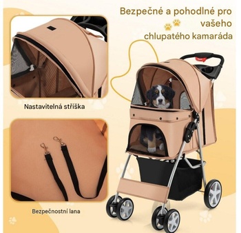 Skladací kočík pre domácich miláčikov PW10039BE, s úložným košom a nastaviteľnou strieškou, béžový - N