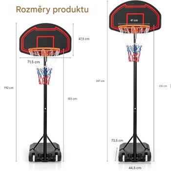 Vonkajší basketbalový kôš BY26631ES-KF, nastaviteľná výška 155 - 210 cm, čierno/červený - N