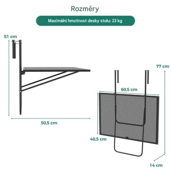 Závesný balkónový stôl JV11633DK, s hrúbkou až 6 cm, čierny - N