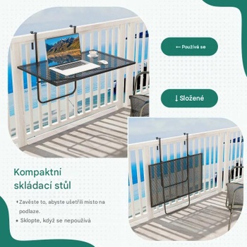Závesný balkónový stôl JV11633DK, s hrúbkou až 6 cm, čierny - N
