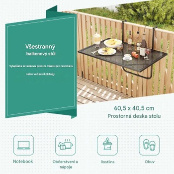 Závesný balkónový stôl JV11633DK, s hrúbkou až 6 cm, čierny - N