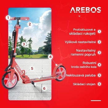 Kolobežka s nastaviteľnou výškou, pedálová brzda, nosnosť 100 kg, červená - N