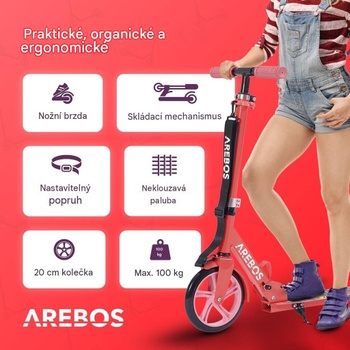 Kolobežka s nastaviteľnou výškou, pedálová brzda, nosnosť 100 kg, červená - N