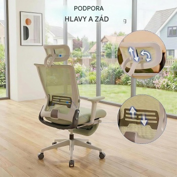 Ergonomická kancelárska stolička s podnožkou OS1GN, 2D opierka hlavy, zelená - N