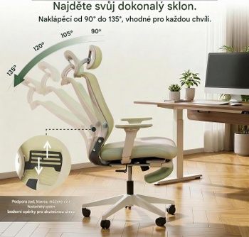 Ergonomická kancelárska stolička s podnožkou OS1GN, 2D opierka hlavy, zelená - N