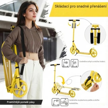 Skladacia kolobežka SP38153YW, výškovo nastaviteľná, LED kolesá, nosnosť 100 kg, žltá - N