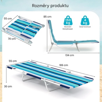 Súprava 2 skladacích plážových ležadiel s nastaviteľným operadlom NP12548BL-2, nosnosť 150 kg, modro/biely