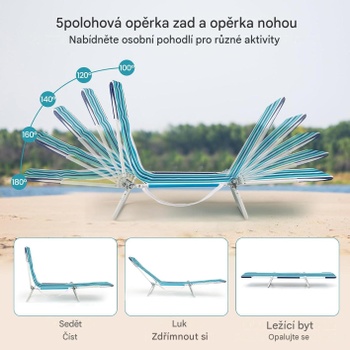 Súprava 2 skladacích plážových ležadiel s nastaviteľným operadlom NP12548BL-2, nosnosť 150 kg, modro/biely